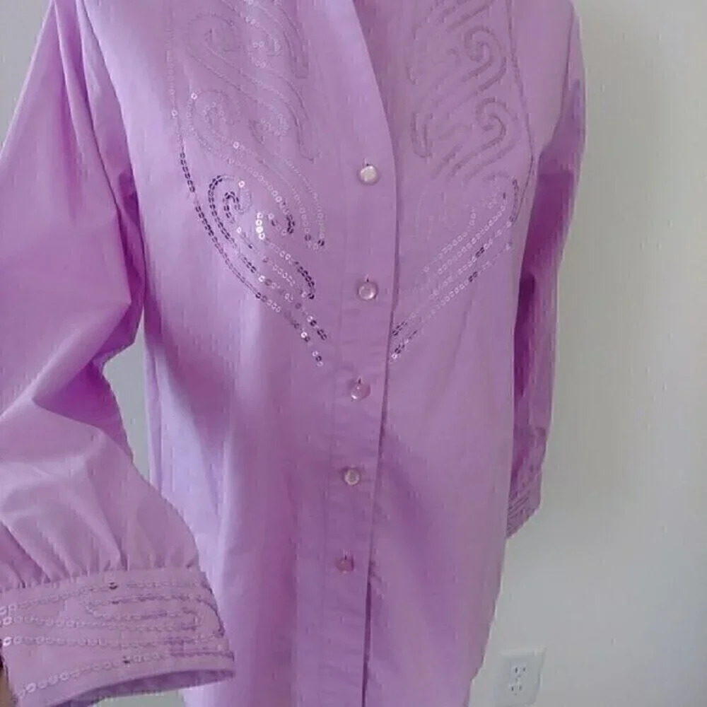 Sequin Embellished Western Lilac Button Down Long Sleeve Tunic